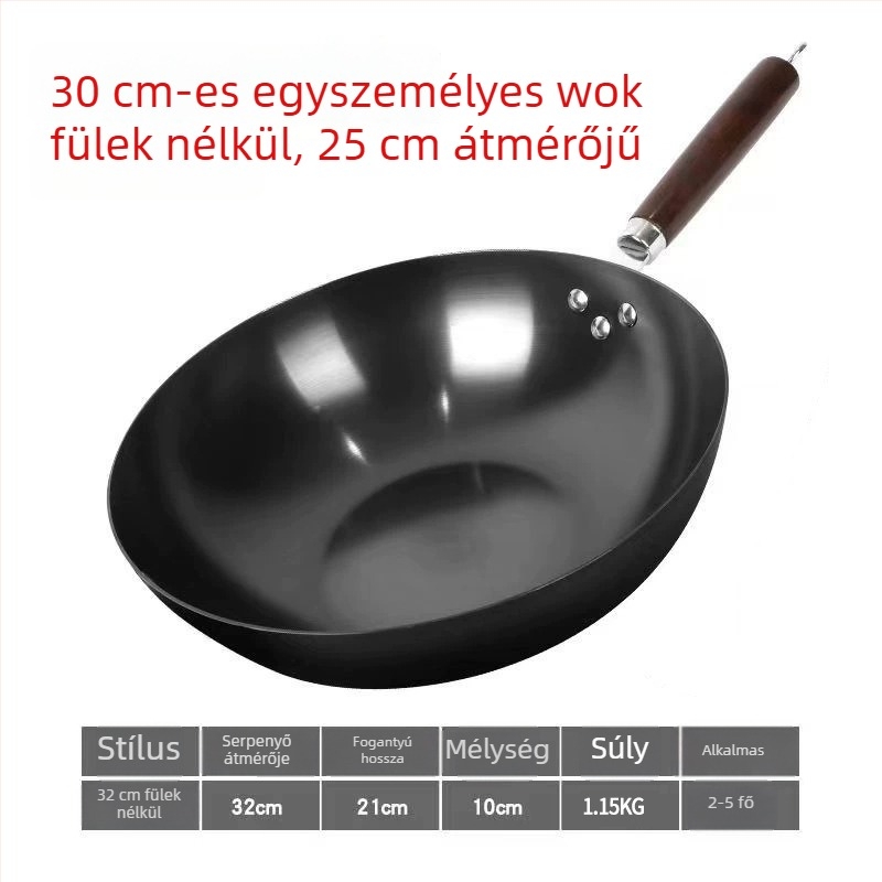 Golden Sixth Son öntöttvas wok, nagy méretű otthoni használatra, hagyományos bevonat nélküli serpenyő, nitridált, készen áll a használatra