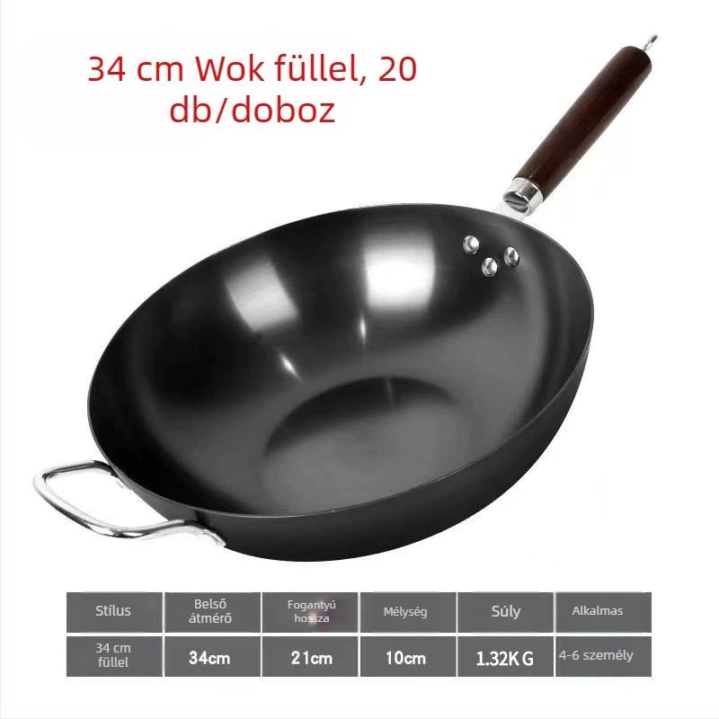 Golden Sixth Son öntöttvas wok, nagy méretű otthoni használatra, hagyományos bevonat nélküli serpenyő, nitridált, készen áll a használatra