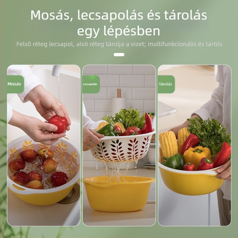 Camellia Két szintes műanyag leeresztő kosár zöldségek és gyümölcsök mosására