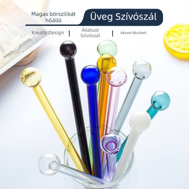 Kreatív boroszilikát üvegszívó, több színű, kerek végű, tejes teához, 8×190 mm