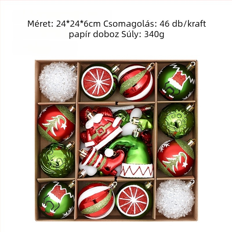 Kézzel festett karácsonyi gömbök, 46 darabos készlet díszdobozban, karácsonyfadíszek