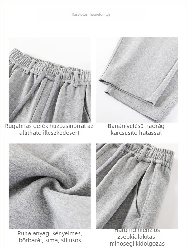 Új szürke magas derekú sportnadrág őszre és télre, laza, kényelmes viselet, banán-stílusú szabás, hosszított görbült szár