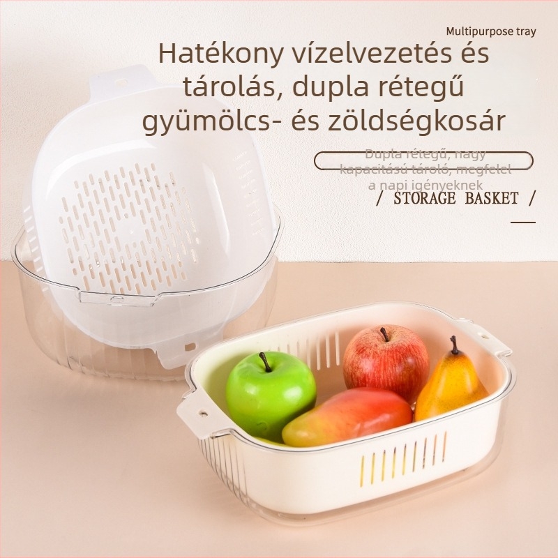 Többcélú műanyag leeresztő kosár a konyhába, zöldségek és gyümölcsök mosásához, kétszintes kosár.