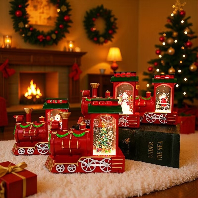 Karácsonyi díszítés: kristálygömb, mini mozdony, hópehely alakú lámpa, asztali dísz, kreatív karácsonyi ajándék