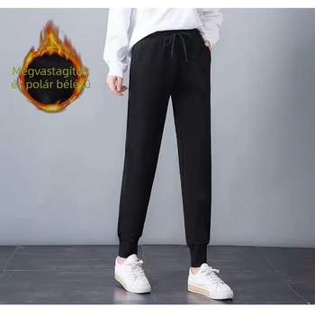 Női őszi–téli laza szabású sportnadrág, egyszínű, fleece bélés, meleg, fekete, hétköznapi