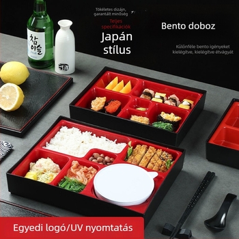 Japán stílusú ebédes doboz fa mintázatú felülettel, több rekesz és fedél