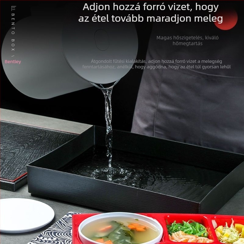 Japán stílusú ebédes doboz fa mintázatú felülettel, több rekesz és fedél