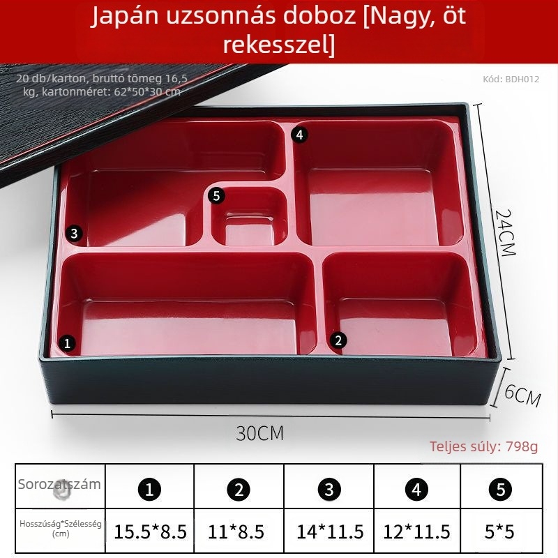 Japán stílusú ebédes doboz fa mintázatú felülettel, több rekesz és fedél