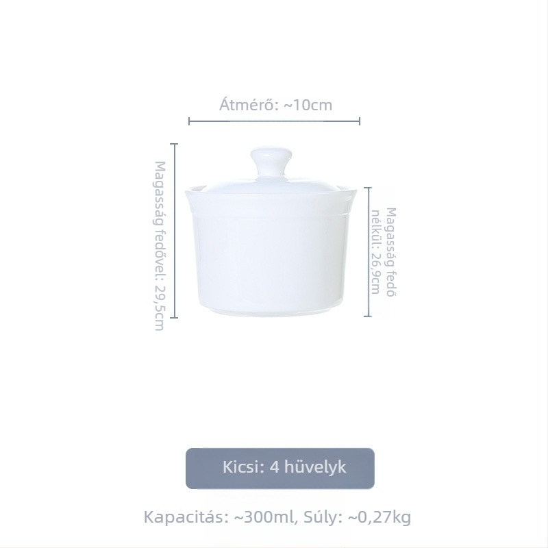 Fehér csont porcelánból készült egyadagos főzőedény fedővel, belső bélés és aláglazúrozott színezés