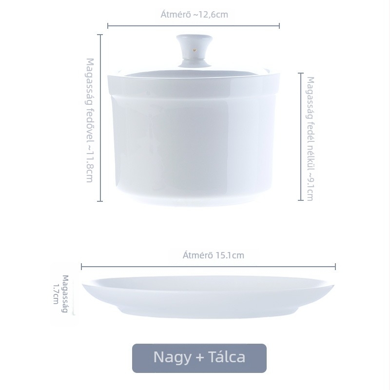 Fehér csont porcelánból készült egyadagos főzőedény fedővel, belső bélés és aláglazúrozott színezés