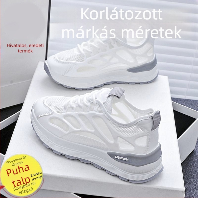 Női hálós anyagú, légáteresztő sportcipő, fehér, alacsony profilú, kényelmes nyári viselet.