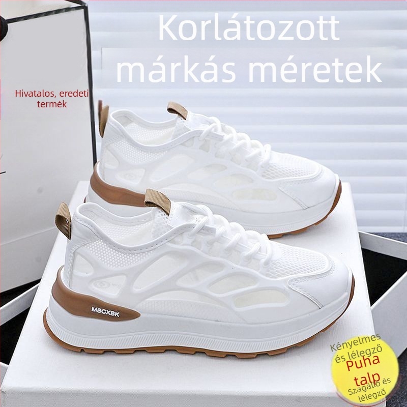 Női hálós anyagú, légáteresztő sportcipő, fehér, alacsony profilú, kényelmes nyári viselet.