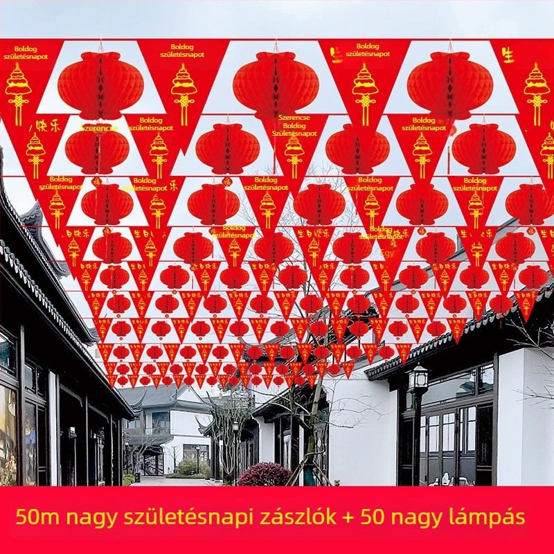 Születésnapi dekoráció készlet színes zászlók és lampionokkal udvarra