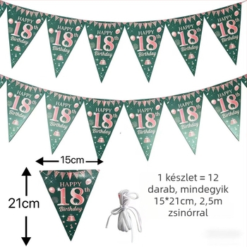 18. születésnapra készült dekoráció: rózsaszín arany és zöld háromszög zászlók a háttérfalon