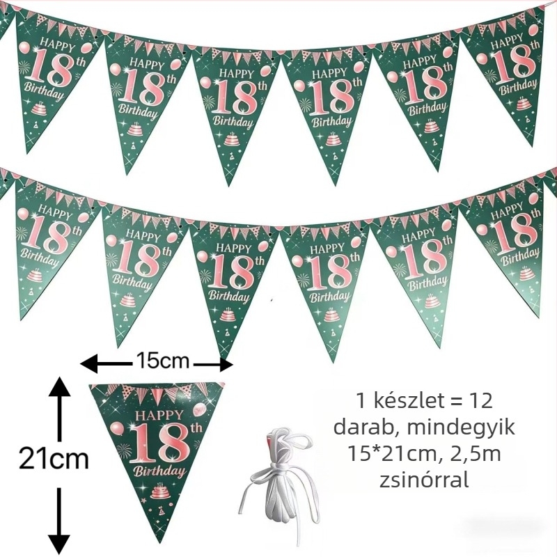 18. születésnapra készült dekoráció: rózsaszín arany és zöld háromszög zászlók a háttérfalon