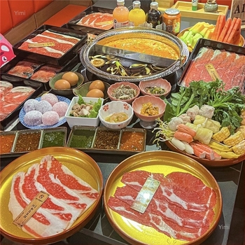Japán stílusú Sukiyaki Wagyu tányér forró fazékhoz, aranyszínű kör alakú lapos tányér, barbecue marhahús tál, büfé tál, sashimi jéglemez, kereskedelmi használatra