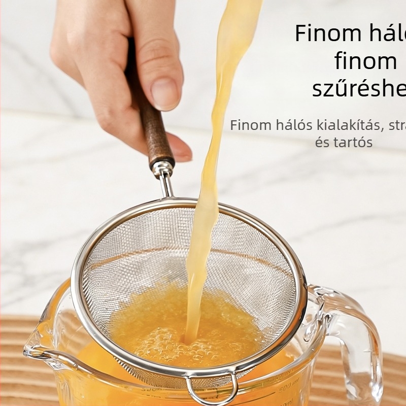 304 rozsdamentes acél szűrőkanál diófa fogantyúval és finom hálós szűrővel, szójatej üledékéhez és liszt szitálásához, babaételekhez
