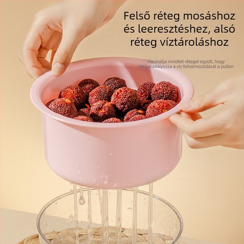 Megvastított kétszintes leeresztő kosár zöldségek és gyümölcsök mosásához, műanyag konyhai kosár