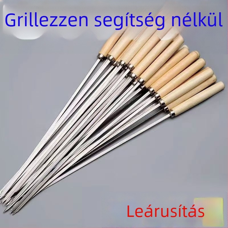 Yir rozsdamentes acél grillnyárs fa fogantyúval, lapos nyárs bárány kebabhoz, újrafelhasználható háztartási grillszerszámok