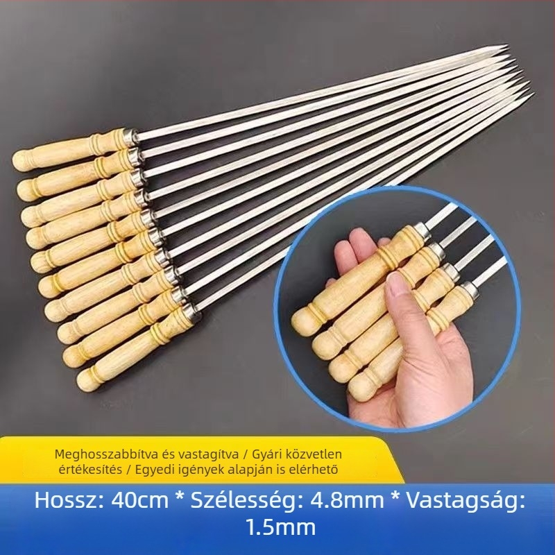 Yir rozsdamentes acél grillnyárs fa fogantyúval, lapos nyárs bárány kebabhoz, újrafelhasználható háztartási grillszerszámok