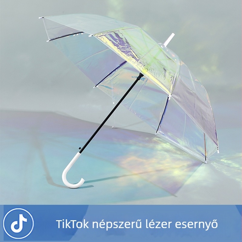Áttetsző esernyő hosszú nyéllel, szivárványos lézeres mintával – diákoknak és egyetemistáknak