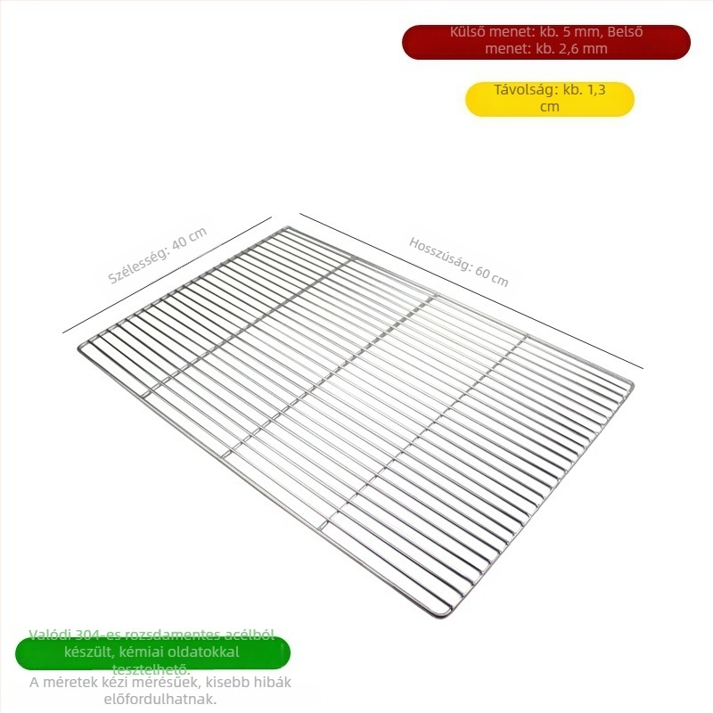 304 rozsdamentes acél sütés és hűtő rács, 60×40 cm, lábbal; torta hűtő rács; kenyér szárító rács; olajszűrő háló; kereskedelmi felhasználás