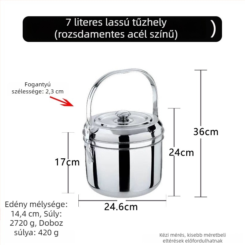 Rozsdamentes acélból készült energiatakarékos, füstmentes edény levesekhez, pörköltökhöz, gőzöléshez, pároláshoz és melegen tartáshoz; kettős használat – gázzal és elektromossággal.