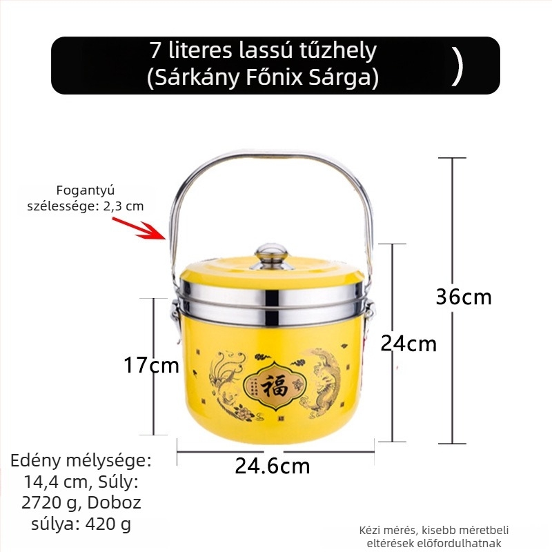 Rozsdamentes acélból készült energiatakarékos, füstmentes edény levesekhez, pörköltökhöz, gőzöléshez, pároláshoz és melegen tartáshoz; kettős használat – gázzal és elektromossággal.