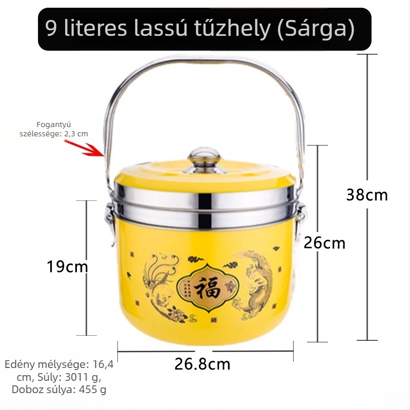 Rozsdamentes acélból készült energiatakarékos, füstmentes edény levesekhez, pörköltökhöz, gőzöléshez, pároláshoz és melegen tartáshoz; kettős használat – gázzal és elektromossággal.