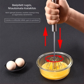 Rozsdamentes acélból készült fél-automata tojásfelverő, kézi nyomású forgó mechanizmussal – DIY sütőeszköz
