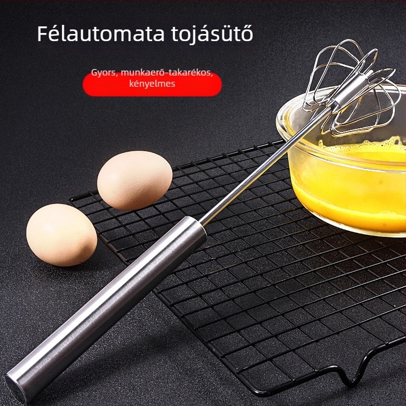 Rozsdamentes acélból készült fél-automata tojásfelverő, kézi nyomású forgó mechanizmussal – DIY sütőeszköz