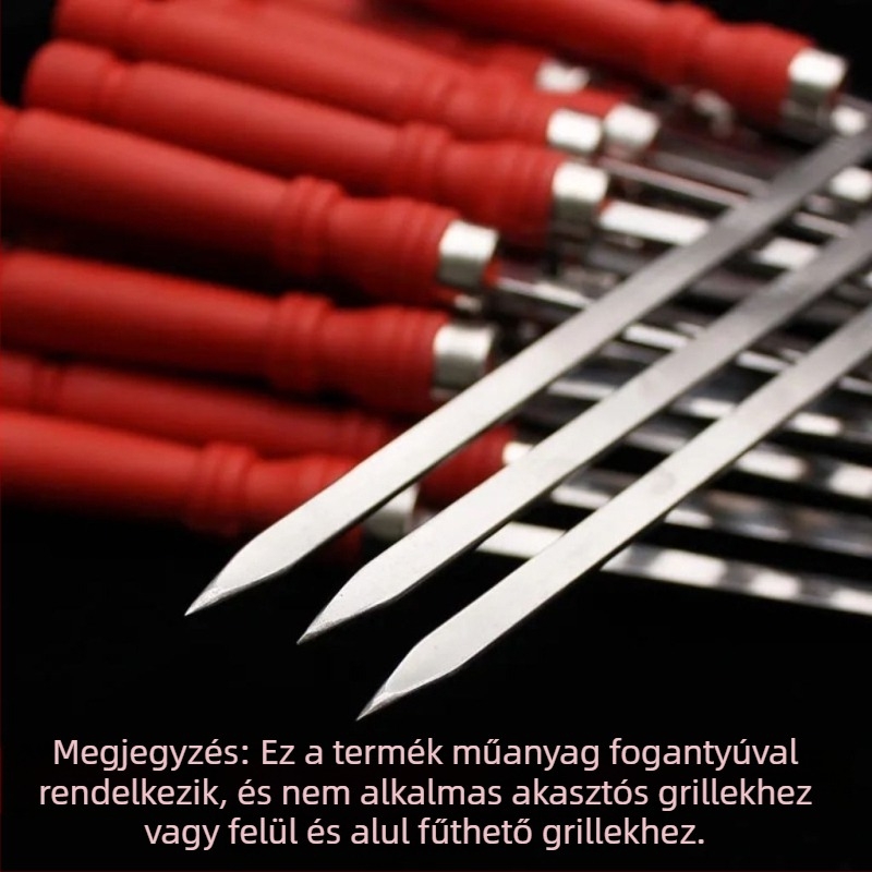 Rozsdamentes acél fogantyújú grillnyársak, sík nyársak grillhez, bárányhúshoz