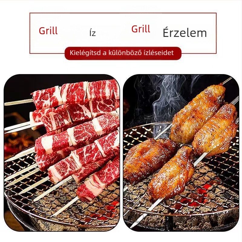 Rozsdamentes acél fogantyújú grillnyársak, sík nyársak grillhez, bárányhúshoz