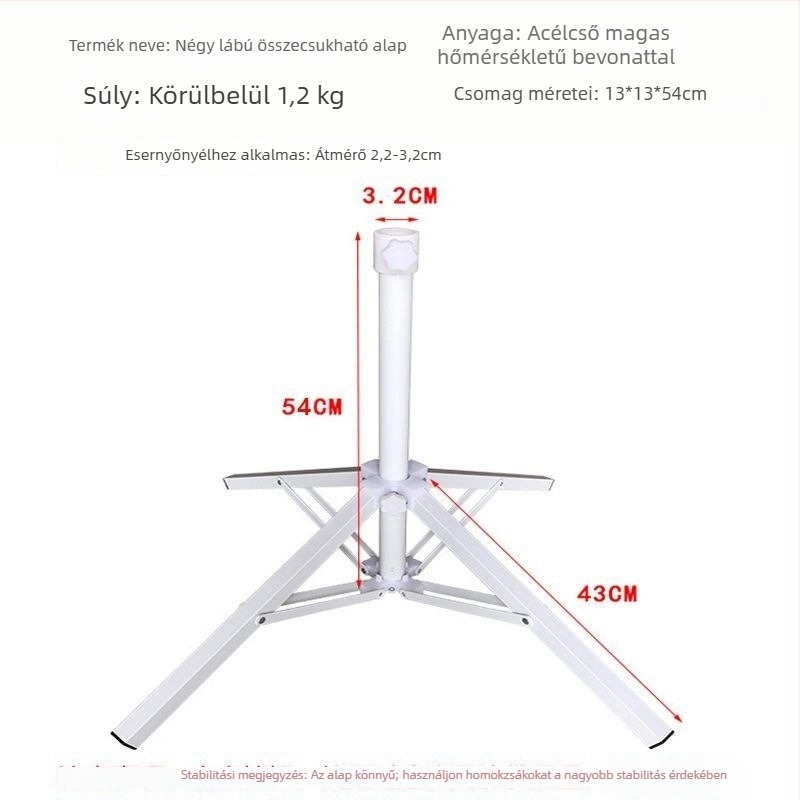 Kültéri napernyő négy lábú összecsukható talppal és rögzített tartóval