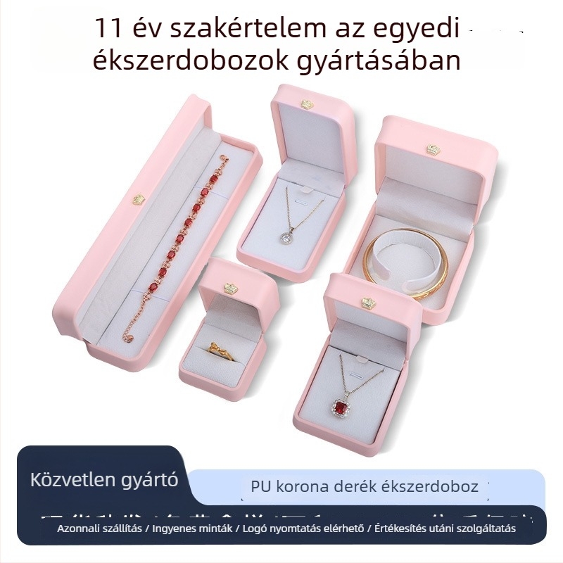 Rózsaszín koronás gyűrűsdoboz, karcsú nyaklánc doboz, prémium ékszer csomagolás