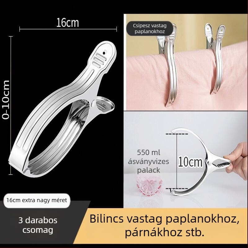 Rozsdamentes acél szárító klipsz — nagy klipsz plédekre, ruhákra, fehérneműre, zokikra és sálakra; szélálló kialakítás