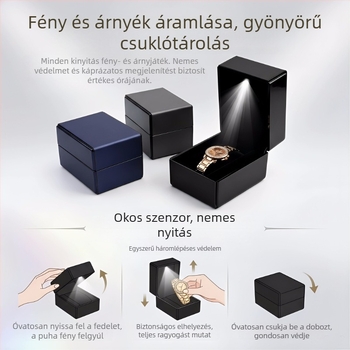 LED-világítású óradoboz, csiszolt bőr textúrájú, nyitható ajándékdoboz az óra kiállítására