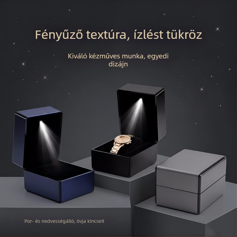 LED-világítású óradoboz, csiszolt bőr textúrájú, nyitható ajándékdoboz az óra kiállítására