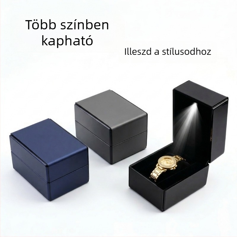 LED-világítású óradoboz, csiszolt bőr textúrájú, nyitható ajándékdoboz az óra kiállítására