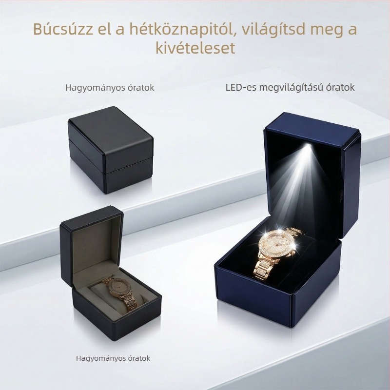 LED-világítású óradoboz, csiszolt bőr textúrájú, nyitható ajándékdoboz az óra kiállítására