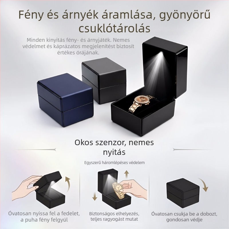 LED-világítású óradoboz, csiszolt bőr textúrájú, nyitható ajándékdoboz az óra kiállítására