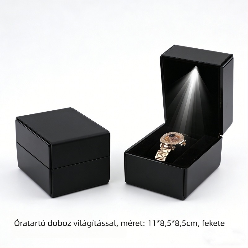 LED-világítású óradoboz, csiszolt bőr textúrájú, nyitható ajándékdoboz az óra kiállítására