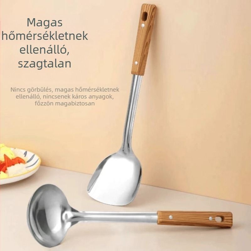 Rozsdamentes acélból készült konyhai eszközök készlet: spatula, lyukas kanál, leveses kanál, rizskanál, serpenyő spatula, wok spatula
