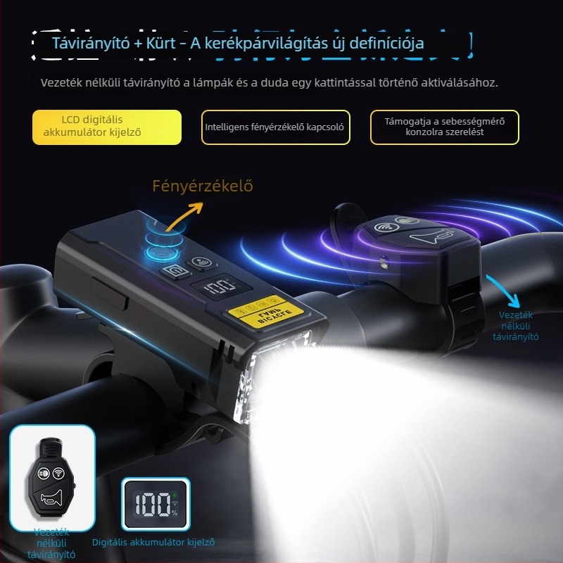 Éjszakai kerékpár világítás intelligens fényérzékelővel, távirányítóval, hangszóróval, digitális kijelzővel, USB töltés
