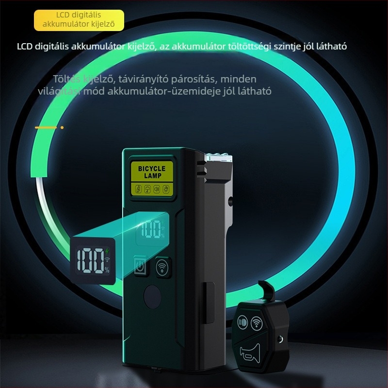Éjszakai kerékpár világítás intelligens fényérzékelővel, távirányítóval, hangszóróval, digitális kijelzővel, USB töltés