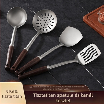 Tiszta titánból készült konyhai eszközkészlet fab fogantyúval: sütőkanál, lyukas kanál, leveses kanál, négy darab