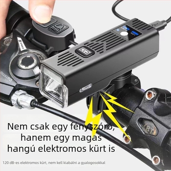 Tölthető első kerékpár lámpa, erős LED-del és beépített kürttel éjszakai hegymászáshoz.