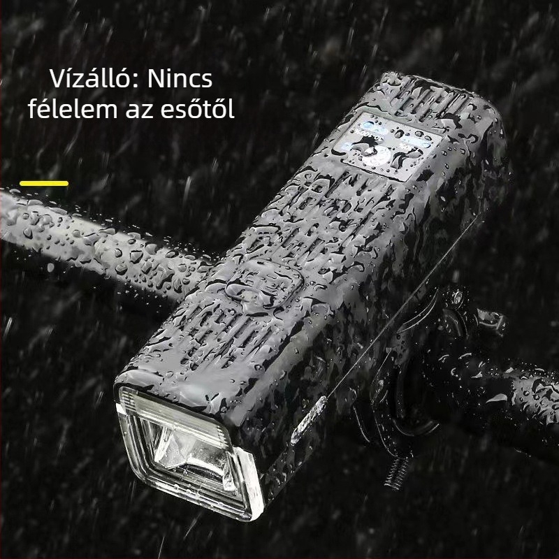 Tölthető első kerékpár lámpa, erős LED-del és beépített kürttel éjszakai hegymászáshoz.