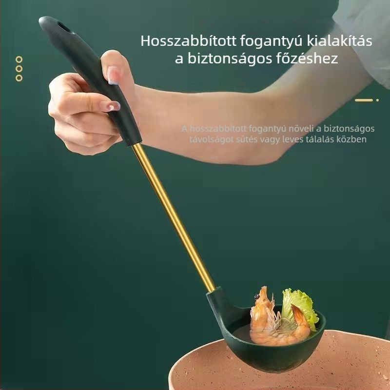 Élelmiszer-minőségű szilikon konyhai eszközök készlet: spatula, kanál és szitás kanál; tapadásmentes, hőálló