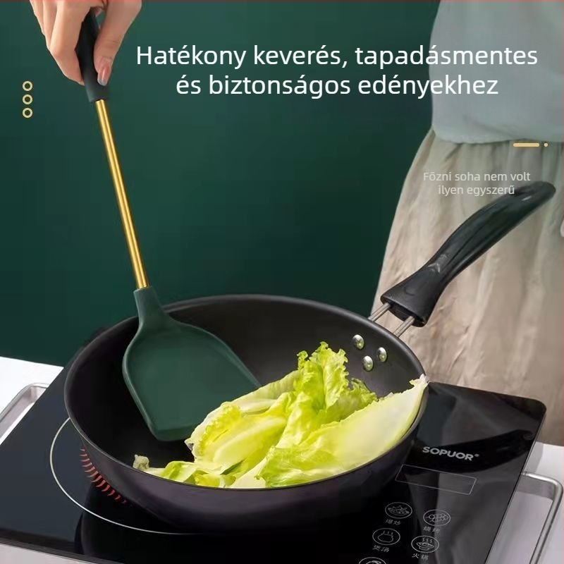 Élelmiszer-minőségű szilikon konyhai eszközök készlet: spatula, kanál és szitás kanál; tapadásmentes, hőálló